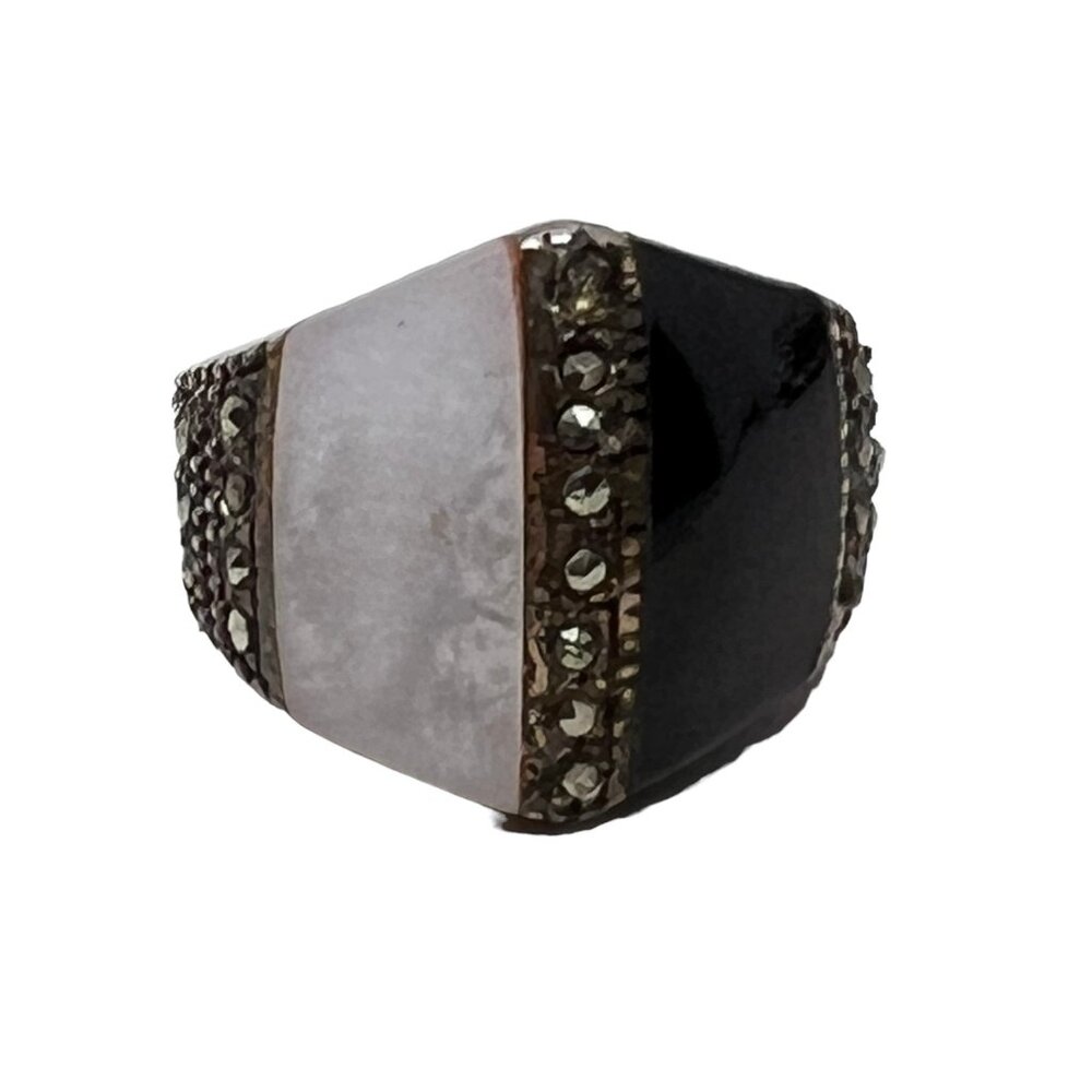 Vintage Statement Ring Sterling Silver 925 Onyx Mother of Pearl Marcasite Size 6